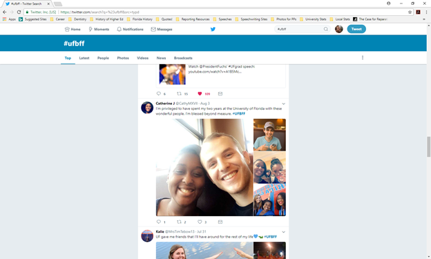 A screenshot features students and alumni who shared photos and stories of their best friends at UF on Twitter